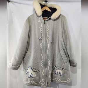 80s LIZ MOODY Wool Blend Faux Fur Hooded Gray Polar Bear Decal Coat Made Canada